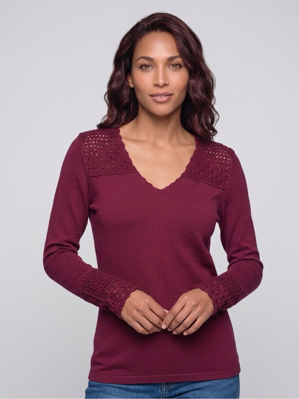 PattiBoutik Deep Maroon V-Neck Sweater with Crochet Detail